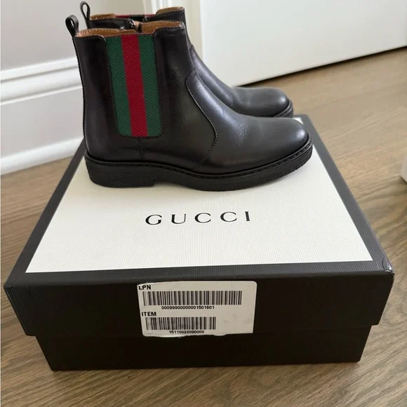 Gucci Kids Black Leather Boots with Green and Red Stripes - Picture 1 of 6